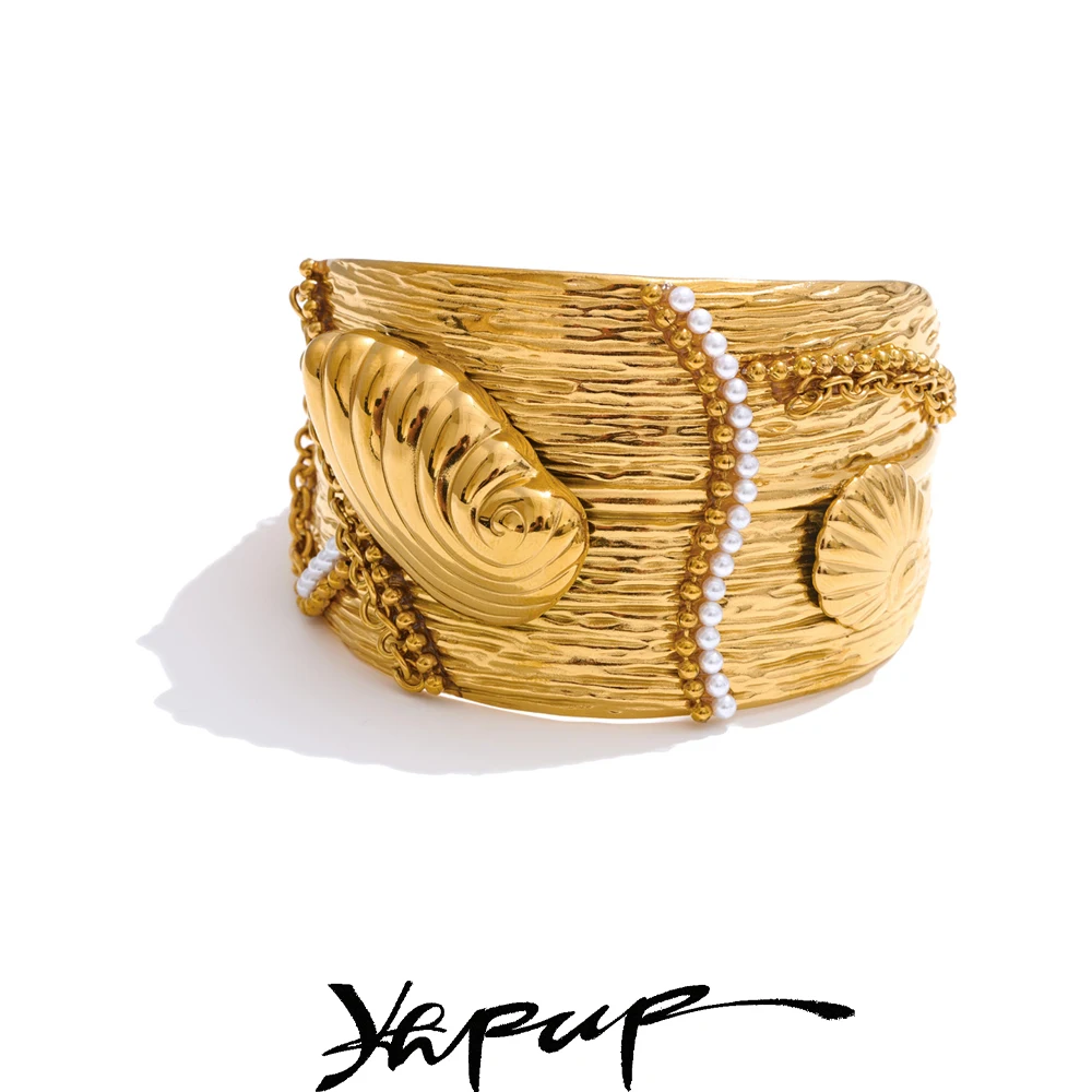 Yhpup Bracelet Wide Ocean Conch Shell Open Stainless Steel Summer Holiday