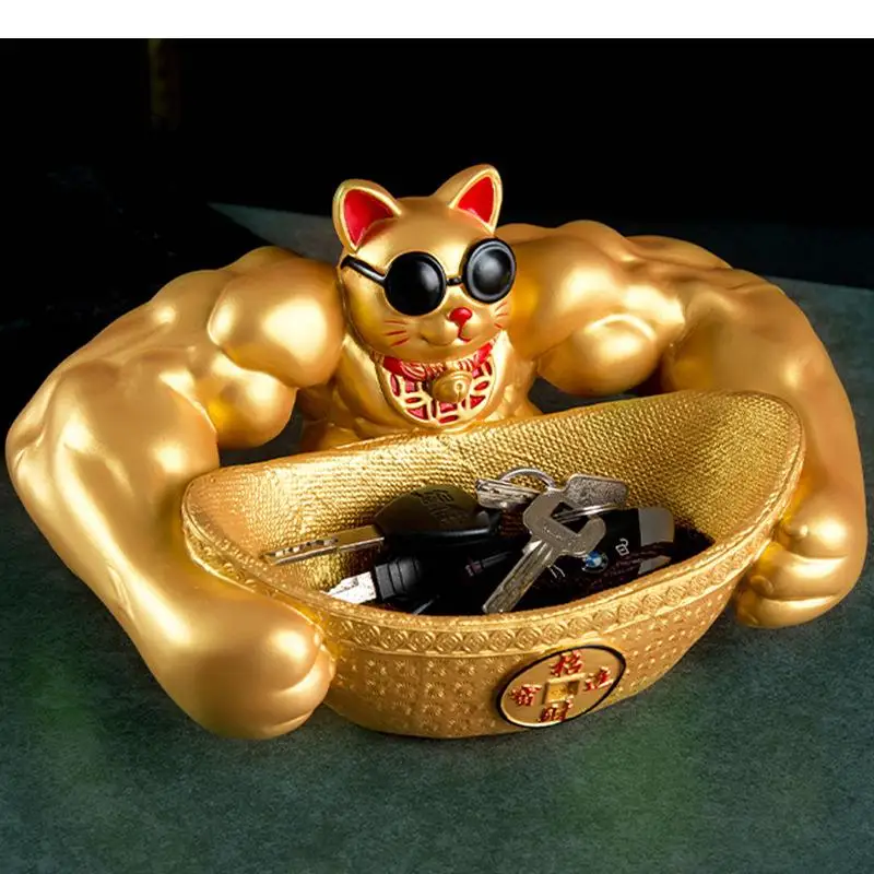 

Giant Arm Ingots Cat Desktop Storage Bowl Golden Trays Decorative Animal Statue Desk Decoration Muscle Robbery Cat Sculpture