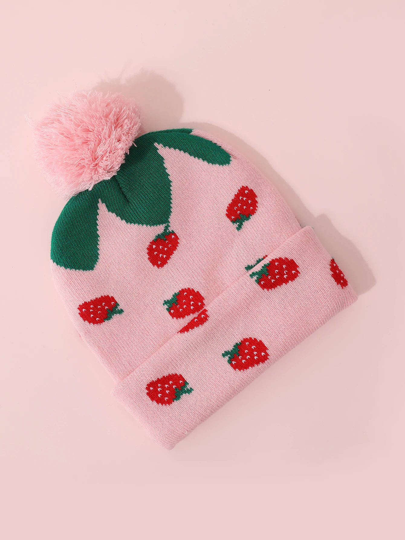 Winter children's jacquard strawberry knitted hat cute fur ball girl's brimless casual hat outdoor warm bean cold