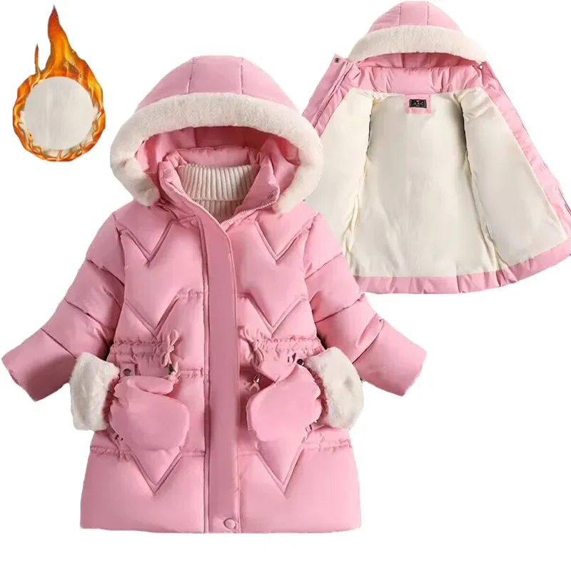 

2-8 Years Warm Winter Girls Jacket Fur Collar Removable Hat Plush Lining Heavy Hooded Kids Coat Children Outerwear Send Gloves