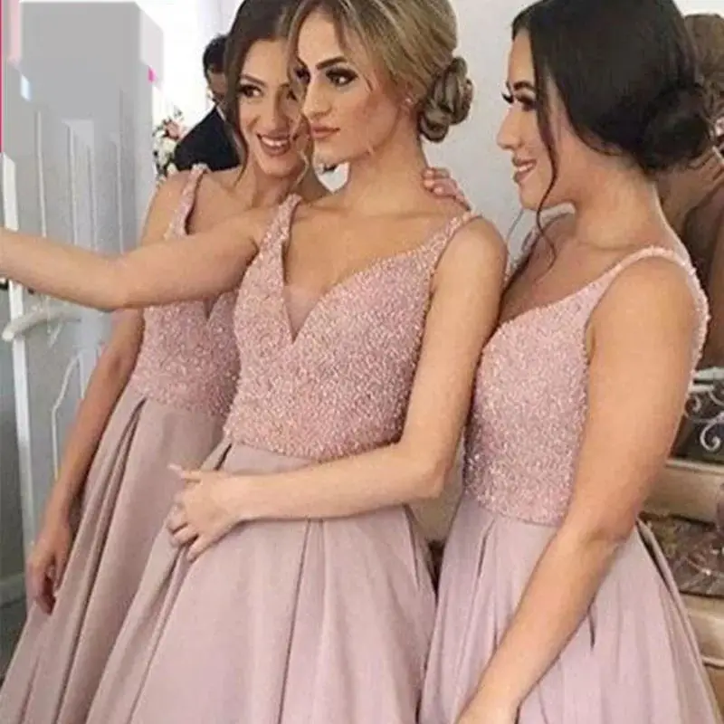 

V-neck A swing bridesmaid dress banquet new thin, beautiful and fashionable flesh-covering glittering forged lace evening dress