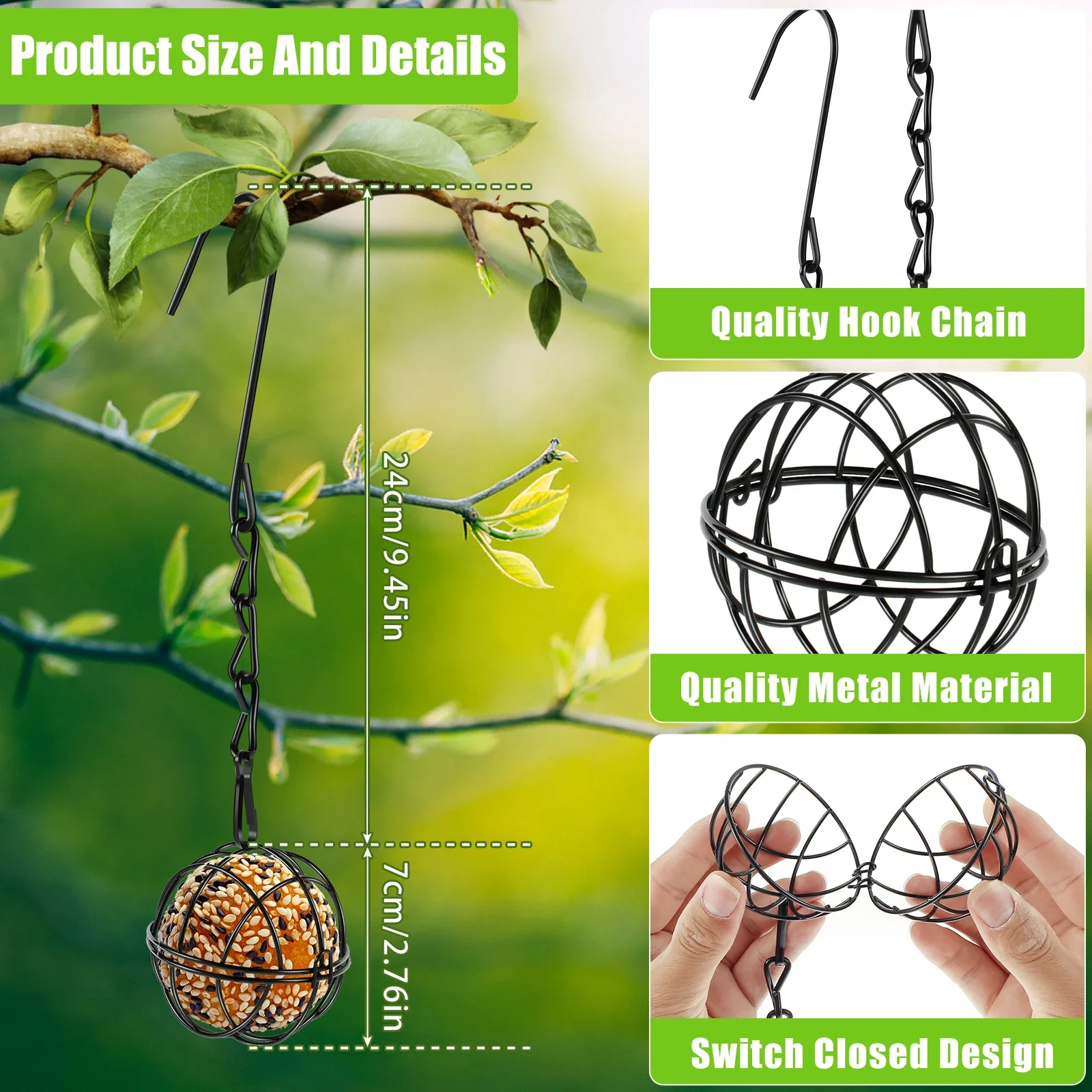 Bird Feeder 4Pcs Metal Suet Ball Set Hanging Chain Squirrel Proof Outdoor Garden