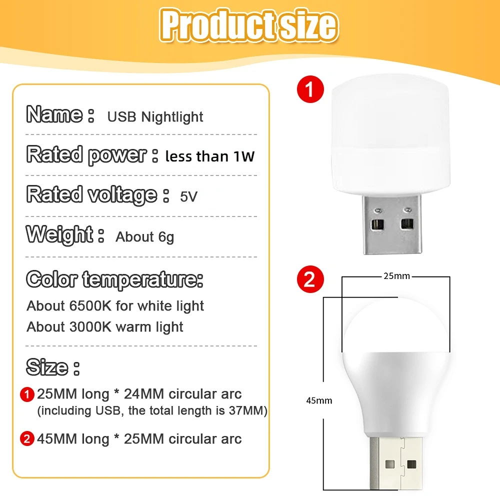 Luz redonda LED Night para leitura, computador e lâmpada de energia móvel, lâmpadas pequenas, proteção ocular, plugue USB, 8PCs, carregamento de energia