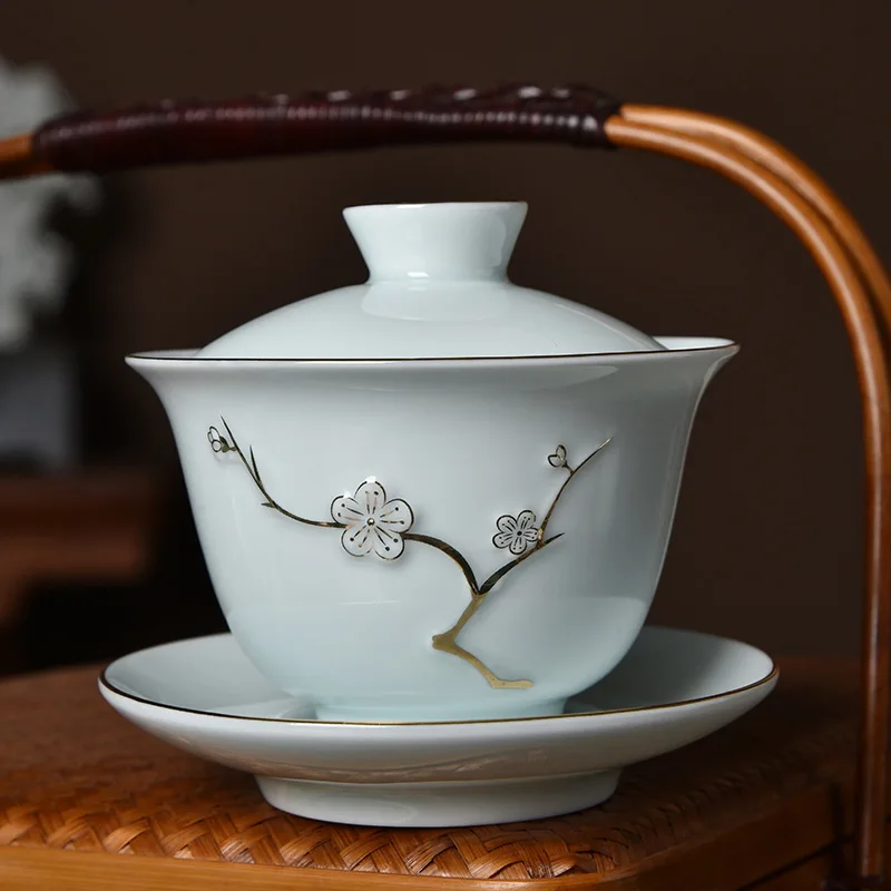 중국 전통 Gaiwan Sancai 찻잔 냄비, 뚜껑이 달린 세라믹 차, Tureen 도자기 찻잔, 골드 트림 찻주전자 세트 ...