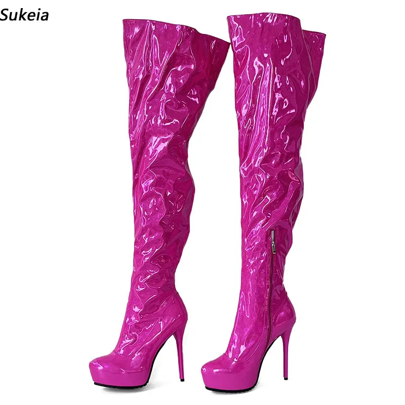 

Sukeia Handmade Women Winter Thigh Boots Platform Stiletto Heels Round Toe Pretty Fuchsia Evening Shoes Ladies US Size 5-20