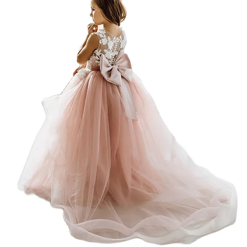 

Champagne Flower Girl Dresses For Kids Lace Floral Appqulies Bow Buttons Bridesmaid Bakless Evening Party Wedding