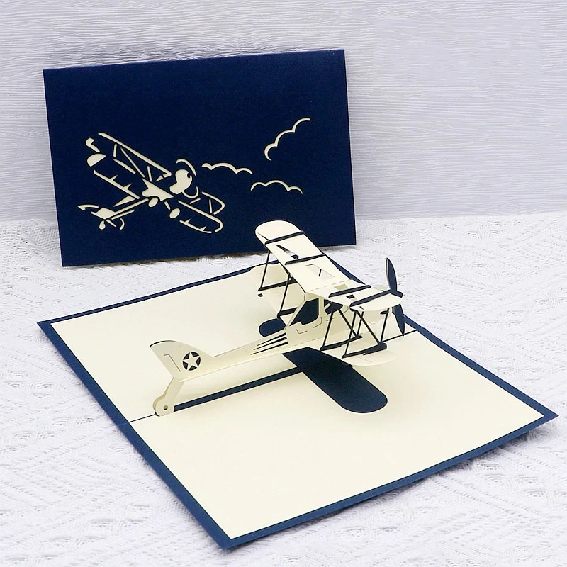 3D Airplane Greeting Card Foldable Paper Carving Card for Festival Birthday Party Invitation Creative Ornament 1PC