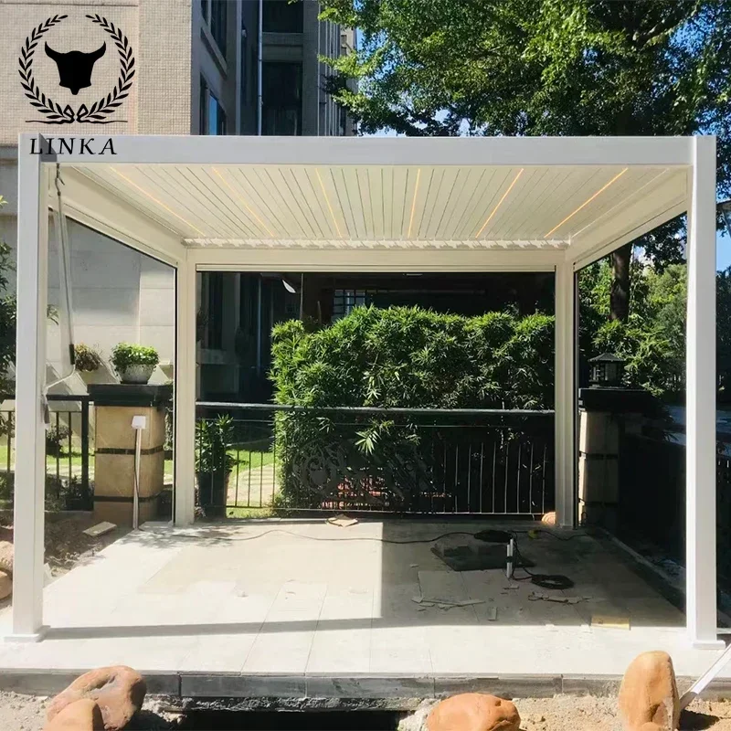 Gazebo Da Giardino Motorizzato In Alluminio Bioclimatica Alluminio Pergola Da Tetto A Lamelle Per Esterni Con Tenda