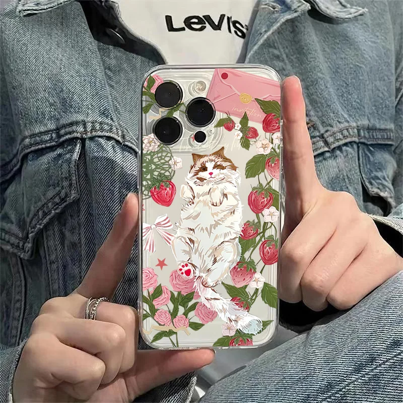Korean Painted Cat Strawberry Case - Artistic Design Protective Phone Cover