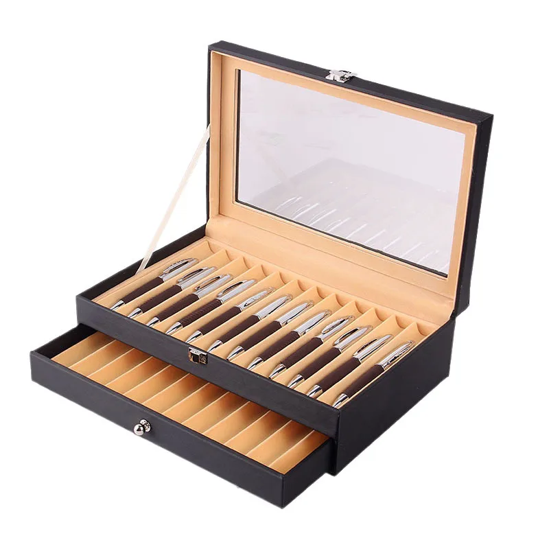 Pen Display Box met glazen venster en laden - Houten Pen Organizer voor Vulpen Collector Opbergkoffer