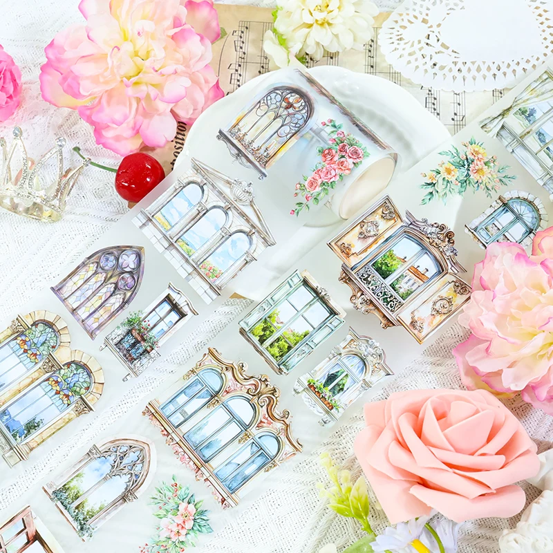 2m/롤 빈티지 수채화 창문 PET 테이프 꽃무늬 등나무 장식 테이프 스티커 스크랩북킹 저널 문구용