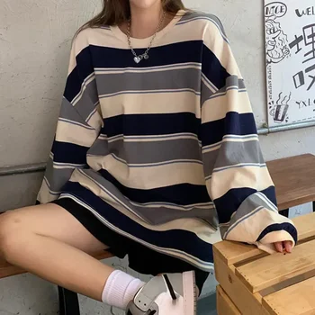 Women T shirts Woman clothing Y2k Sweatshirt 2026 four seasons Fashion Long Sleeves Tee Loose Couple Graphic stripe T-shirt tops 1