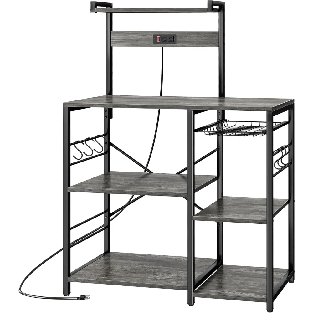 Bakers Rack with Power Outlet, Microwave Stand, Coffee Bar with Wire Basket, Kitchen Storage Rack 6 S-Hooks,