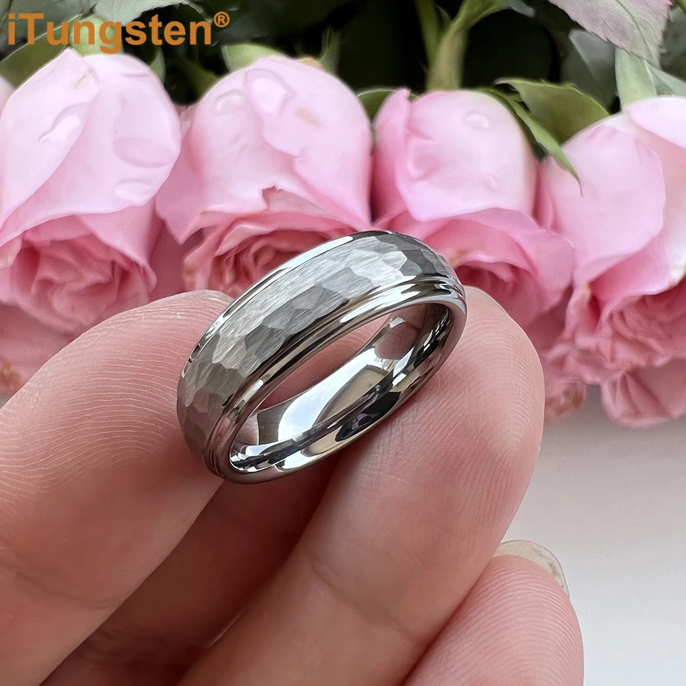 iTungsten 6mm 8mm Tungsten Hammer Ring Men Women Engagement Wedding Band Trendy Jewelry Domed Stepped Edges Comfort Fit