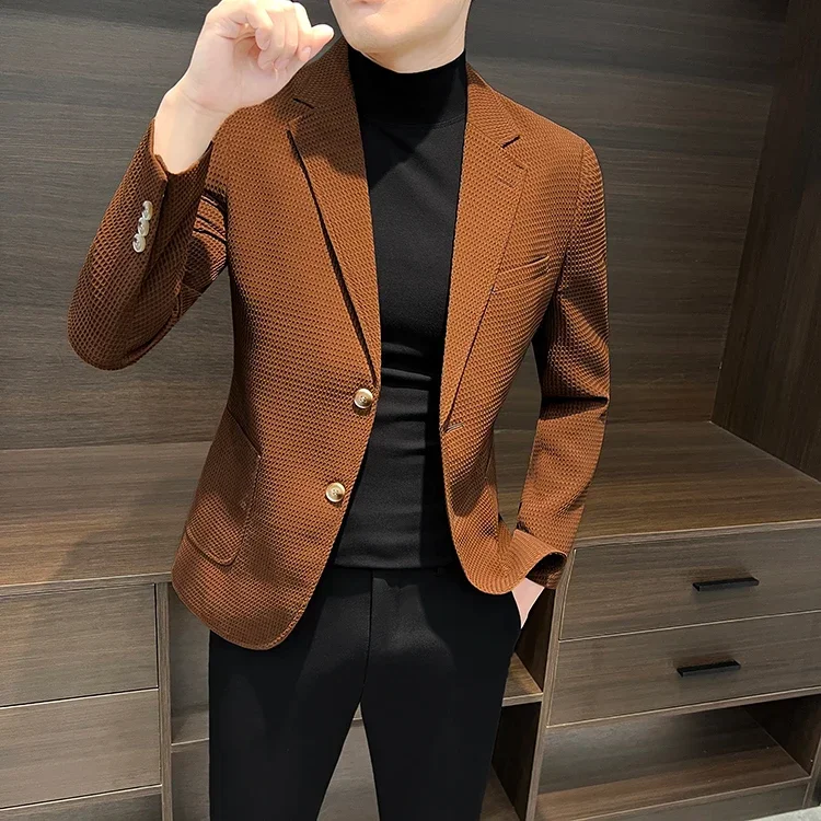 Spring Suede Suit Jacket Men Casual Business Slim Fit Blazer Leather Jacket Men Wedding Street Wear Social Coat