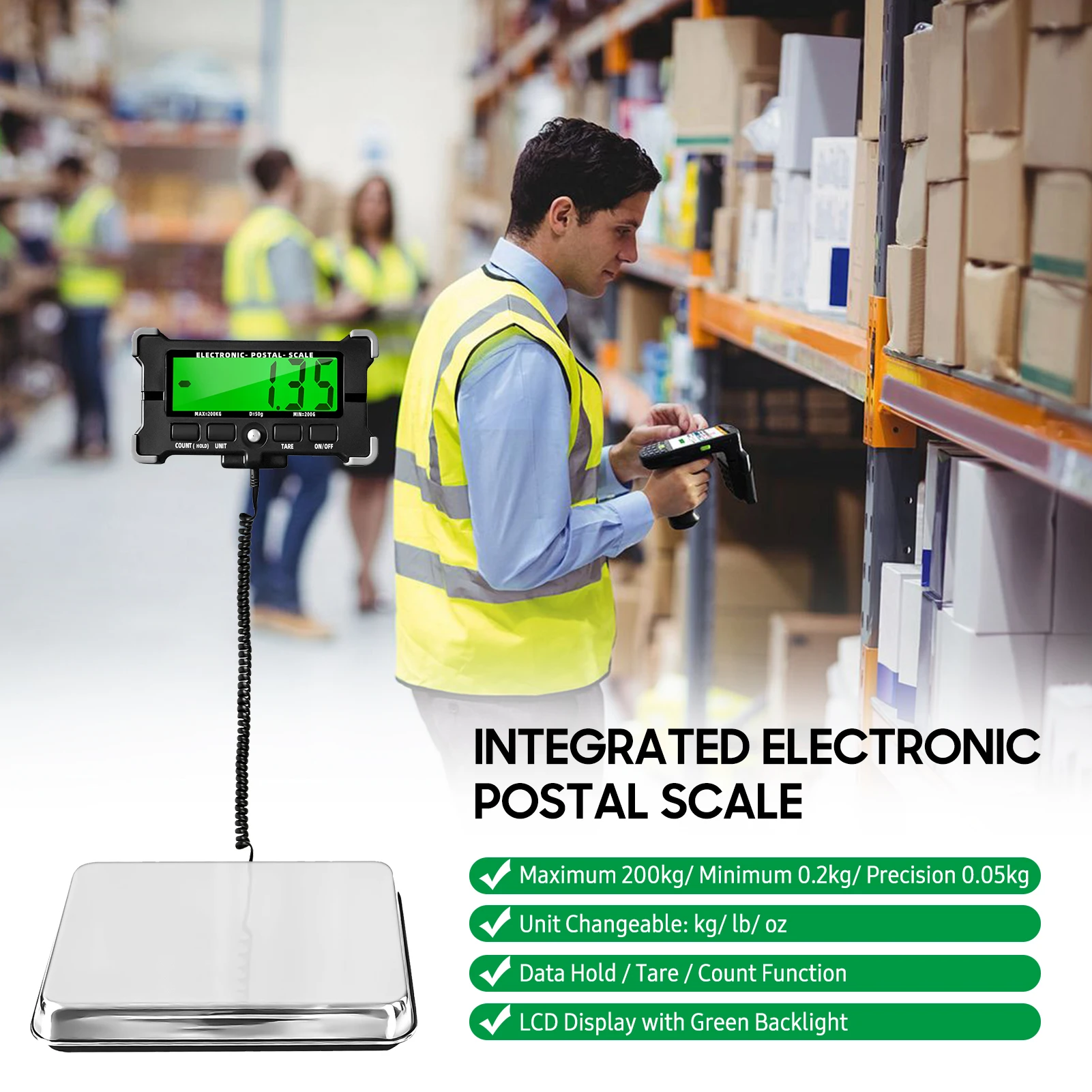 120kg 200kg Electronic Postal Scale 10g 0.05kg Stainless Steel Digital Scale PS21 with LCD Backlight Display Shipping Scales portable scale digital scale weighing tools