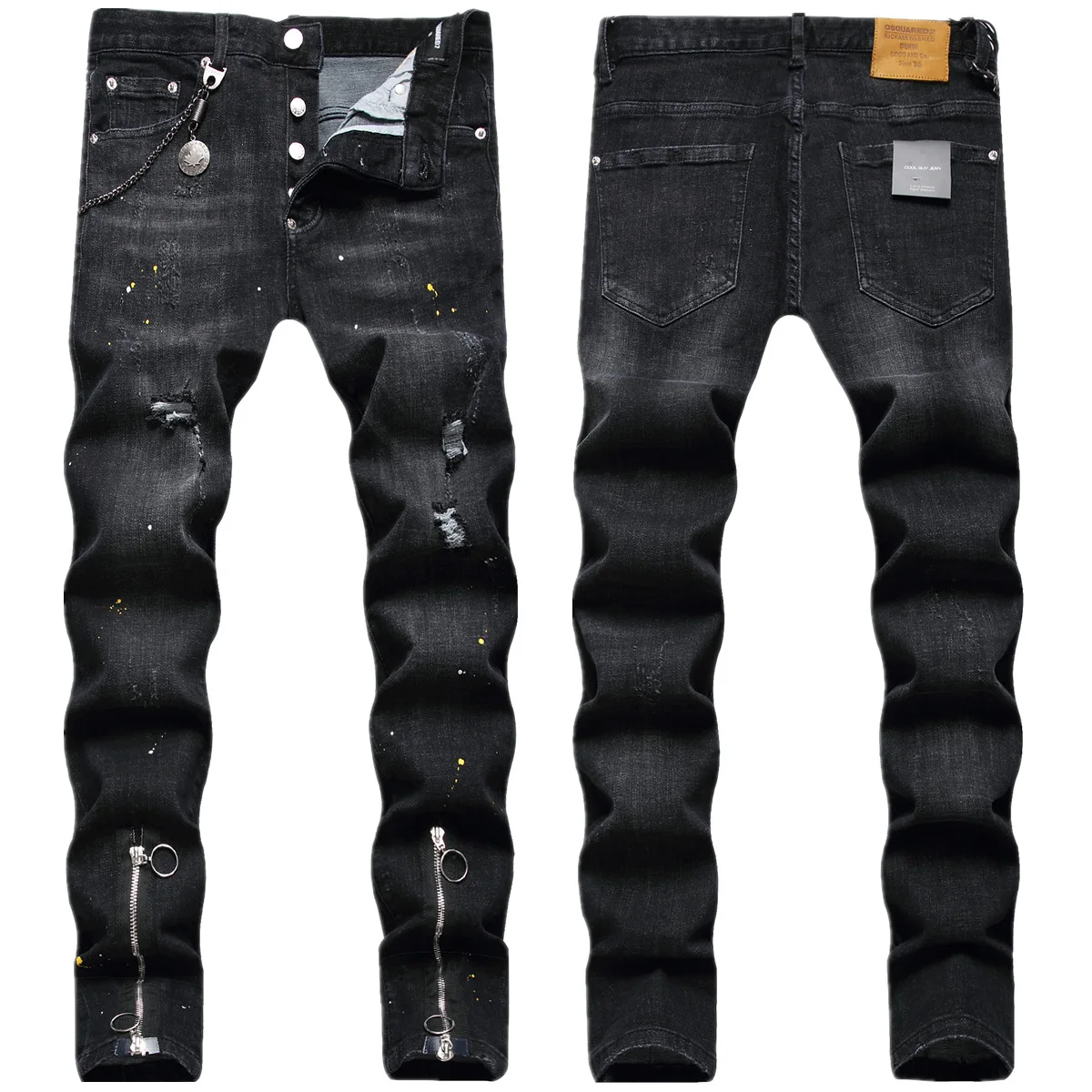 European and American fashion brand black trouser legs double zipper decorative point paint hanging  stretch jeans men
