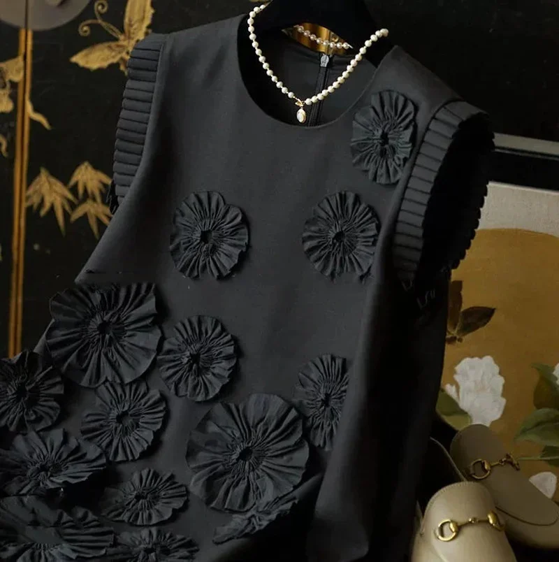 

3D Decal Black Print Dress Women Summer Retro British Mid Length Pleated Flower Fly Sleeve Dress Loose Fitting Pullover Skirt
