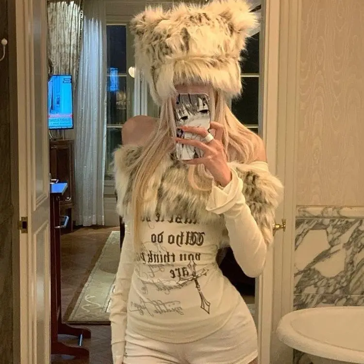 Deeptown Y2k Coquette Slash Neck Off Shoulder T-Shirts Women Vintage Letter Print Fur Patchwork Japanese 2000s Style Tees Slim