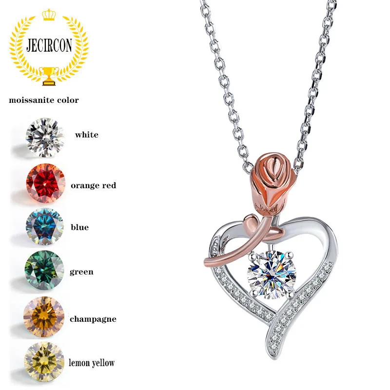 

JECIRCON S925 Sterling Silver Rose Heart Necklace for Women Valentine's Day Gift Colorful Moissanite Temperament Pendant chain