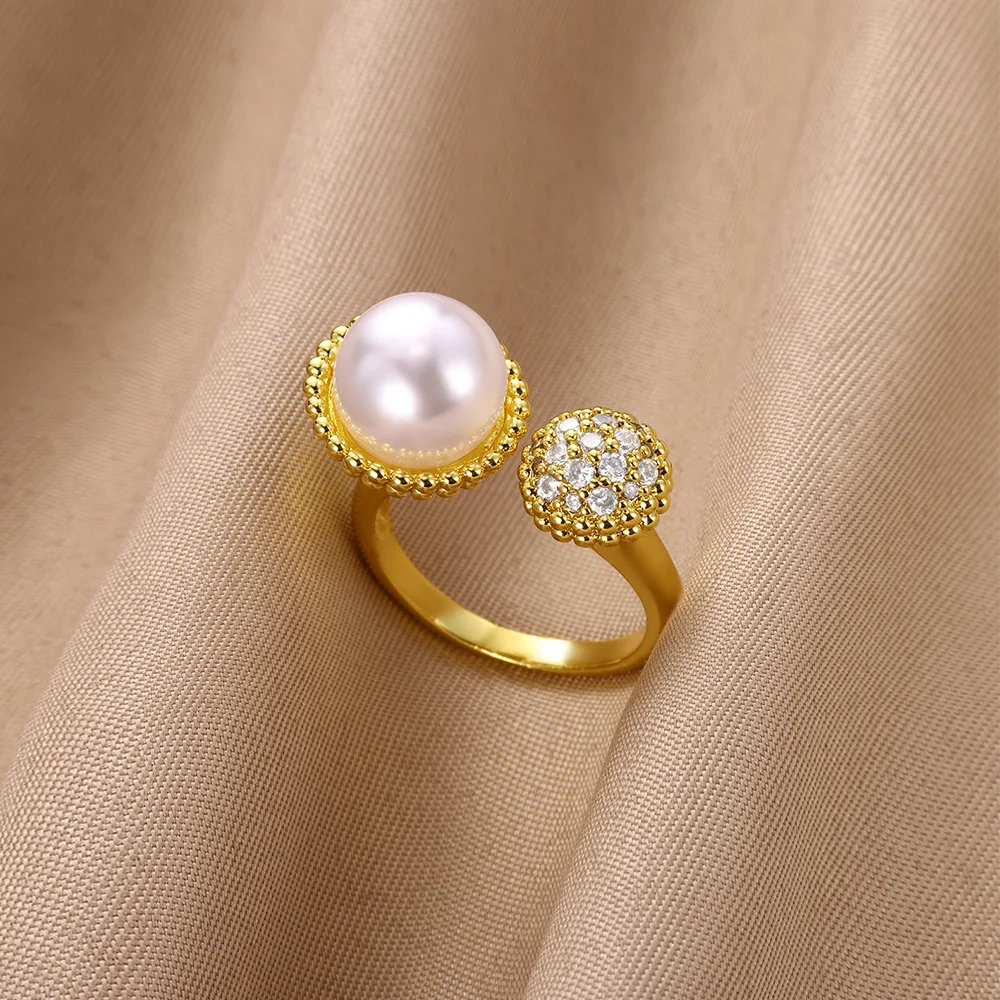 Zircon Pearl Stainless Steel Open Rings For Women