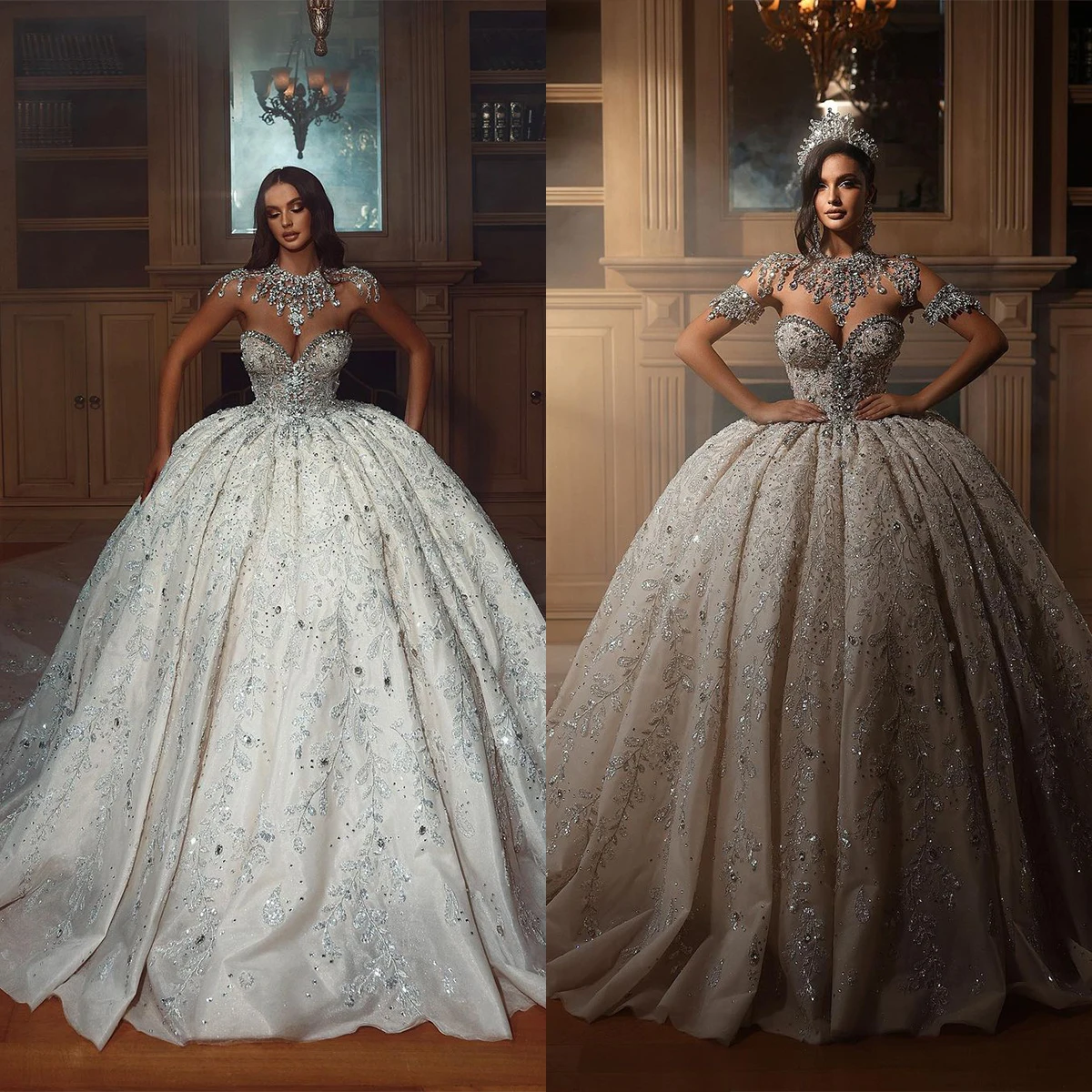 

Luxury Illusion Ball Gowns Lace Crystals Dubai Wedding Dress Custom Made Rhinestones Cathedral Train Vestido de novia
