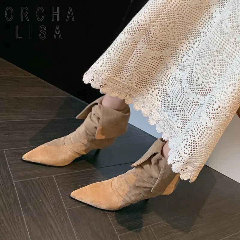 

ORCHA LISA Pig Skin Women Mid Calf Boots Flock Suede Stiletto 6cm Slip On Pleated Fashion Dating Booties Double Use Plus Size 40