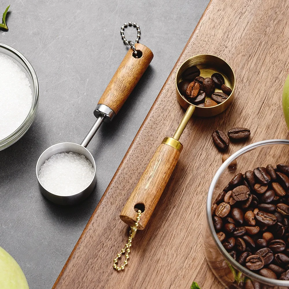 Stainless Steel Measure Spoon with Wood Handle Hangable Measuring Cup Rustproof Flat Bottom 14ml Kitchen Measure Tools kitchen measuring spoons measuring spoon set