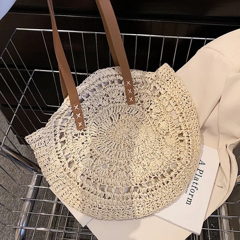 Round Straw Beach Bag Vintage Handmade Woven Shoulder Bag Raffia circle Rattan bags Bohemian Summer Vacation Casual Bags straw woven bag