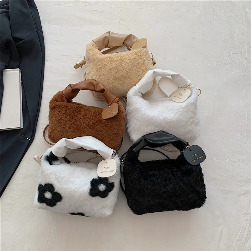 Women Faux Fur Plush Handbags Ruched Handle Small Lady Shoulder Crossbody Bag Casual Tote Half-Moon Hobos Winter Bags for Women