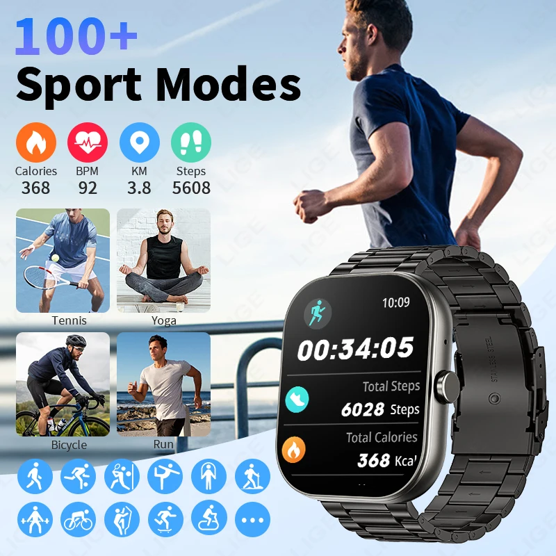 LIGE Men Smart Watch 2.01 inch Bluetooth Call Women Voice Assistant Heart Rate Monitor Sleep Tracker Smartwatch For Android IOS