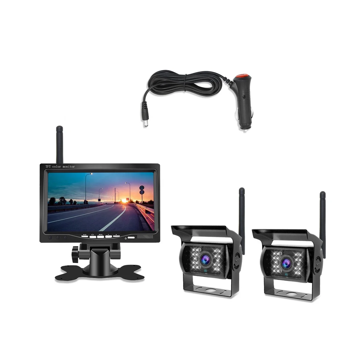 

7InWireless Monitor Waterproof Vehicle 2 Backup Camera Kit TFT LCD Monitor Parking Assistance for Bus Houseboat Truck RV