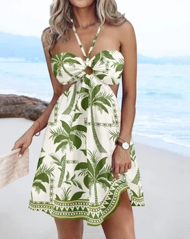 Floral Print Halter Tied Detail Elastic Shirred Back Mini Dress Casual Hollow Out A Line Vacation Dress 1