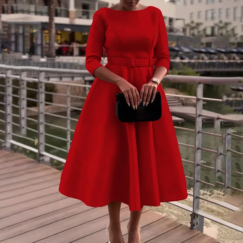 

Elegant O Neck Waist Commuter Dress Fashion 3/4 Sleeves Pleats Long Dresses Ladies Temperament Belt Solid Banquet Dress Vestidos