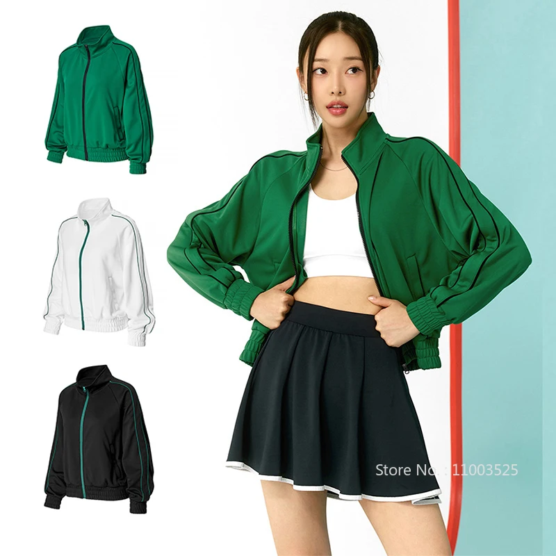 Women Golf Wear Spring Stand Collar Tennis Coat Warm Striped Casual Workout Jacket Ladies Fashion Slim Jogging Tops