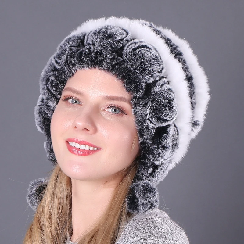 Winter Outdoor Women Real Rex Rabbit Fur Hat Natural Knitted Fur Headgear Cap Russian Lady Warm 100% Genuine Rex Rabbit Fur Hats