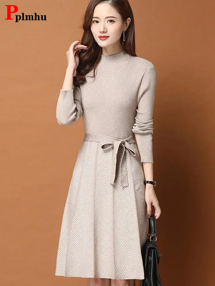 

Womens Half Turtleneck Sweater Dress Elegnt A-line Middle Length Dresses Knitwears Pullovers Vestidos Korean Fashion Folds Robe