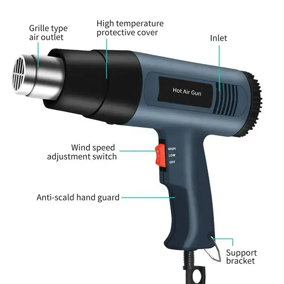 2000W heat gun with adjustable temperature (60â~600â) for shrink packaging of handicrafts and home decoration