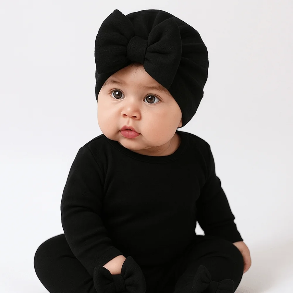 Cotton Knit Baby Hat Socks Set 0-12 Months Elastic Baby Bow Fetal Cap Big Bowknot Windproof Newborn Turban Hat Home/Outdoor