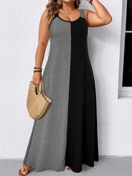 Plus Size Women's Color Block Sleeveless Maxi Dress Summer Casual Crew Neck A Line Flowy Long Sundress Beach Vacation Dress 1