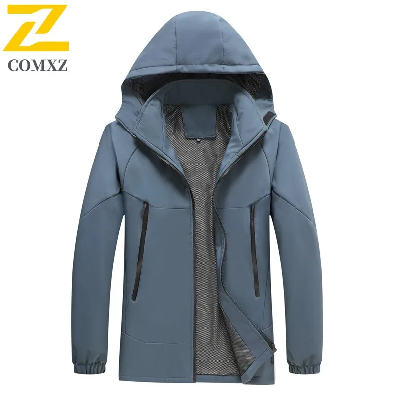 COMXZ Chaqueta Waterproof Solid Color Hooded Outdoor Camping Running Trench Coat Work Wear Resistant Comfortable Men's Outerwear