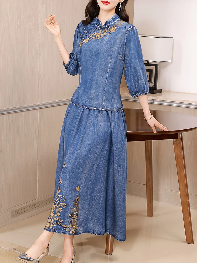 summer new new Chinese style embroidered long top half body yarn long skirt temperament set M4205 main image 0