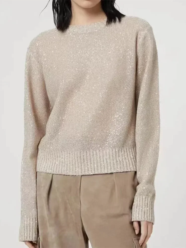 Женский вязаный свитер, однотонный Повседневный джемпер из смеси льна с длинными рукавами и блестками, новинка 2024