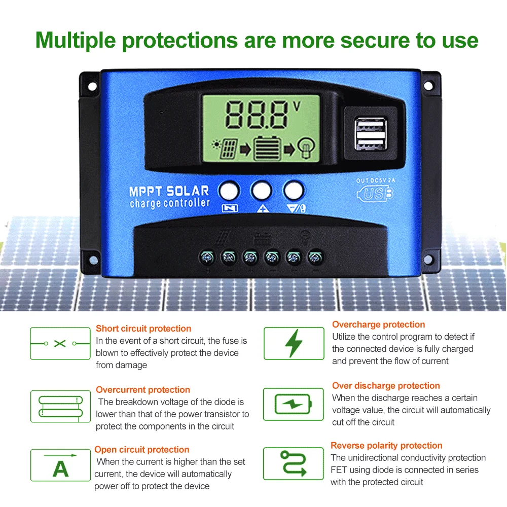 MPPT Solar Charge Controller 100A 60A 50A 40A 30A 12V/24V 2USB LCD Load Discharger solar charger controller