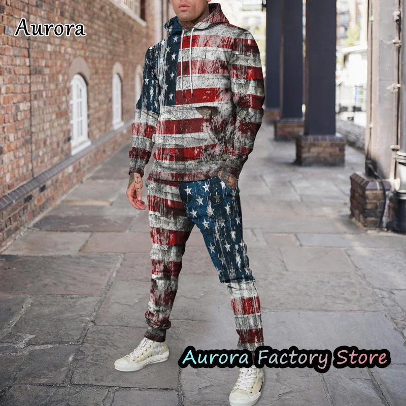 Autumn Men's American Flag Pattern Hoodie Set Tracksuit Vintage Outfit Long Sleeve Hooded Suit Casual Sweatersuit Male Clothing