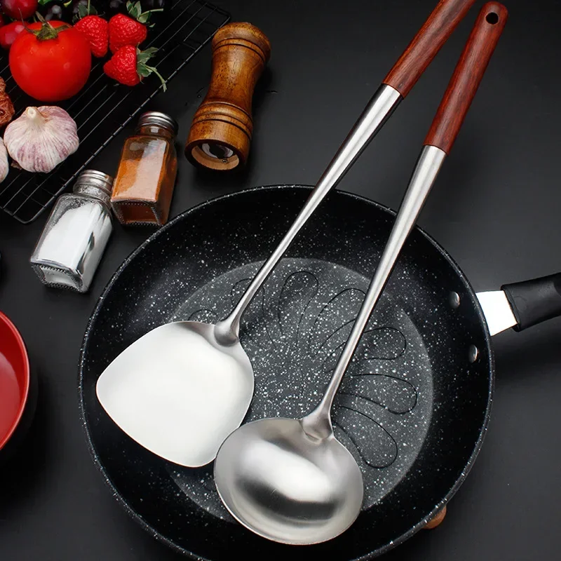 Cooking Spatula Steak Spatula 304 Stainless Steel Spatula Spoon With Wooden Handle Lengthened Cooking Spoon Anti-Scalding Cooking Shovel Kitchenware