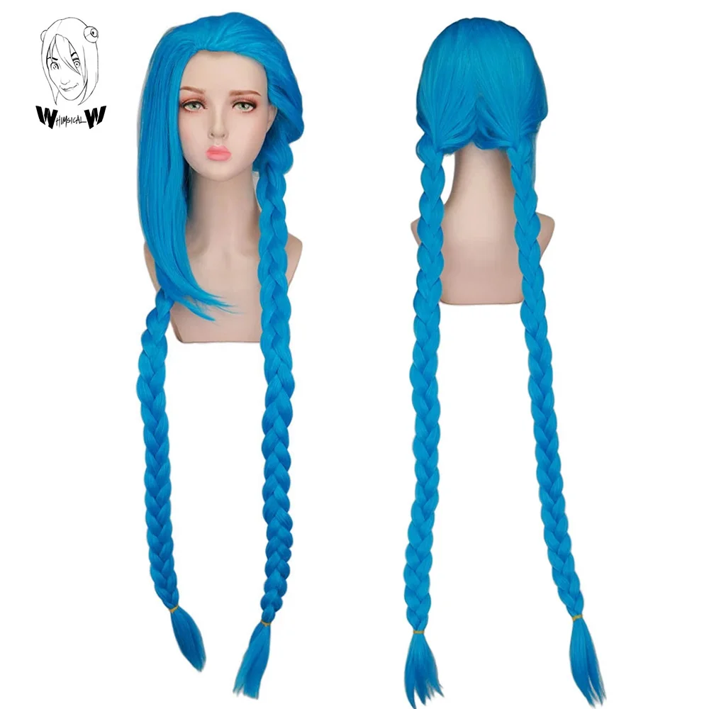 WHIMSICAL W Synthetic LOL Jinx Cosplay Wig 120cm 47IN Blue Long Braids Wigs Heat Resistant Lolita Braided Wigs Halloween Party