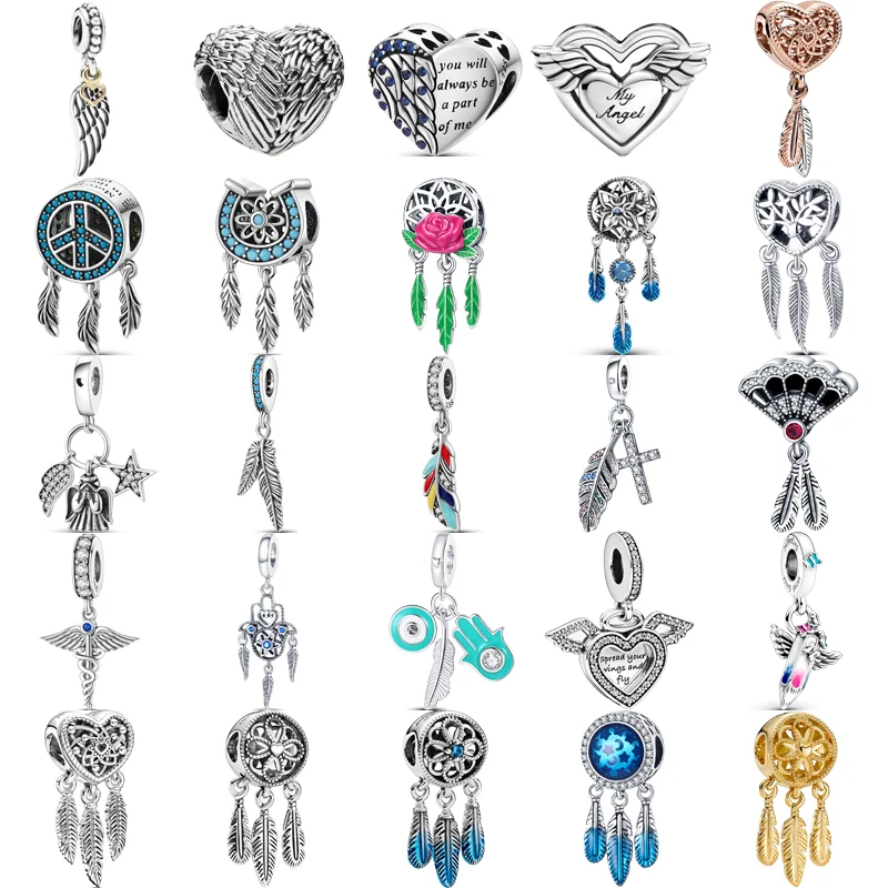 

925 Sterling Silver Dreamcatcher Wing Feather Series Pendant Shiny DIY Beads Fit Original Pandora Charms Bracelet Luxury Jewelry