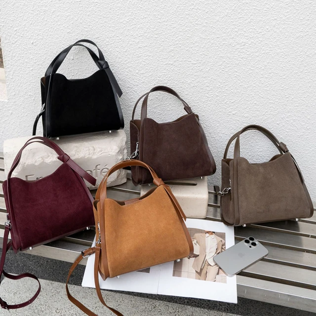 BURMINSA Genuine Leather Suede Bucket Shoulder Bag For Women Luxury Patchwork Top Handle Handbags Vintage Office Crossbody Purse 5