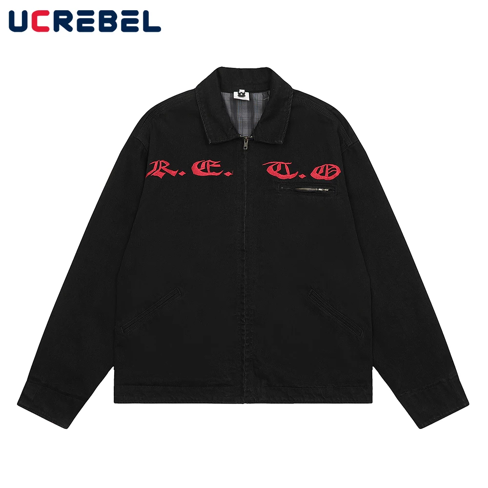 

High Street Embroidery Denim Jacket Mens Washed Black Loose Vibe Style Zipper Outerwear Men